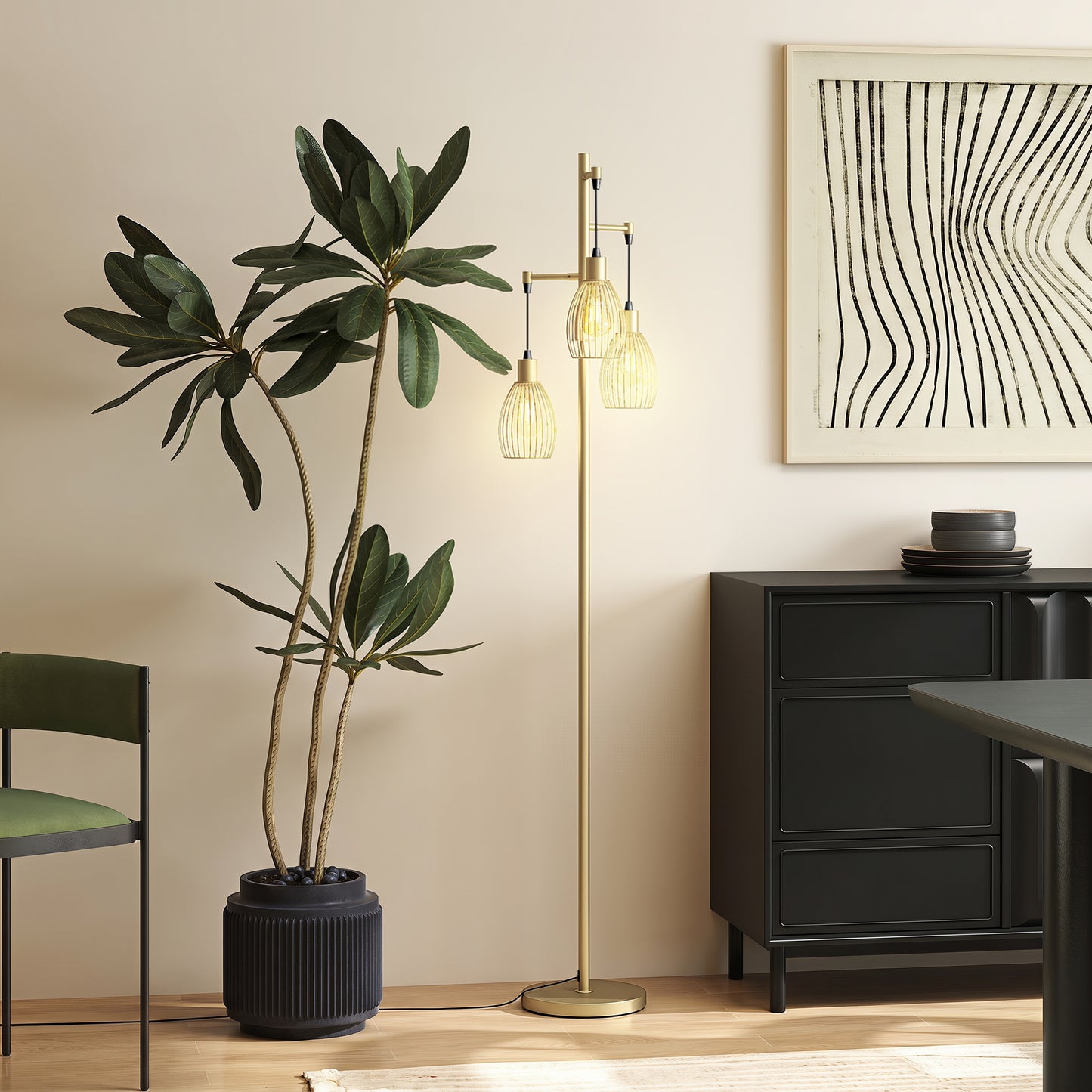 HOMCOM Industrial Dimmable 3 Light Floor Lamp With Steel Wire Cage Lampshades In Gold Tone 170cm Tall