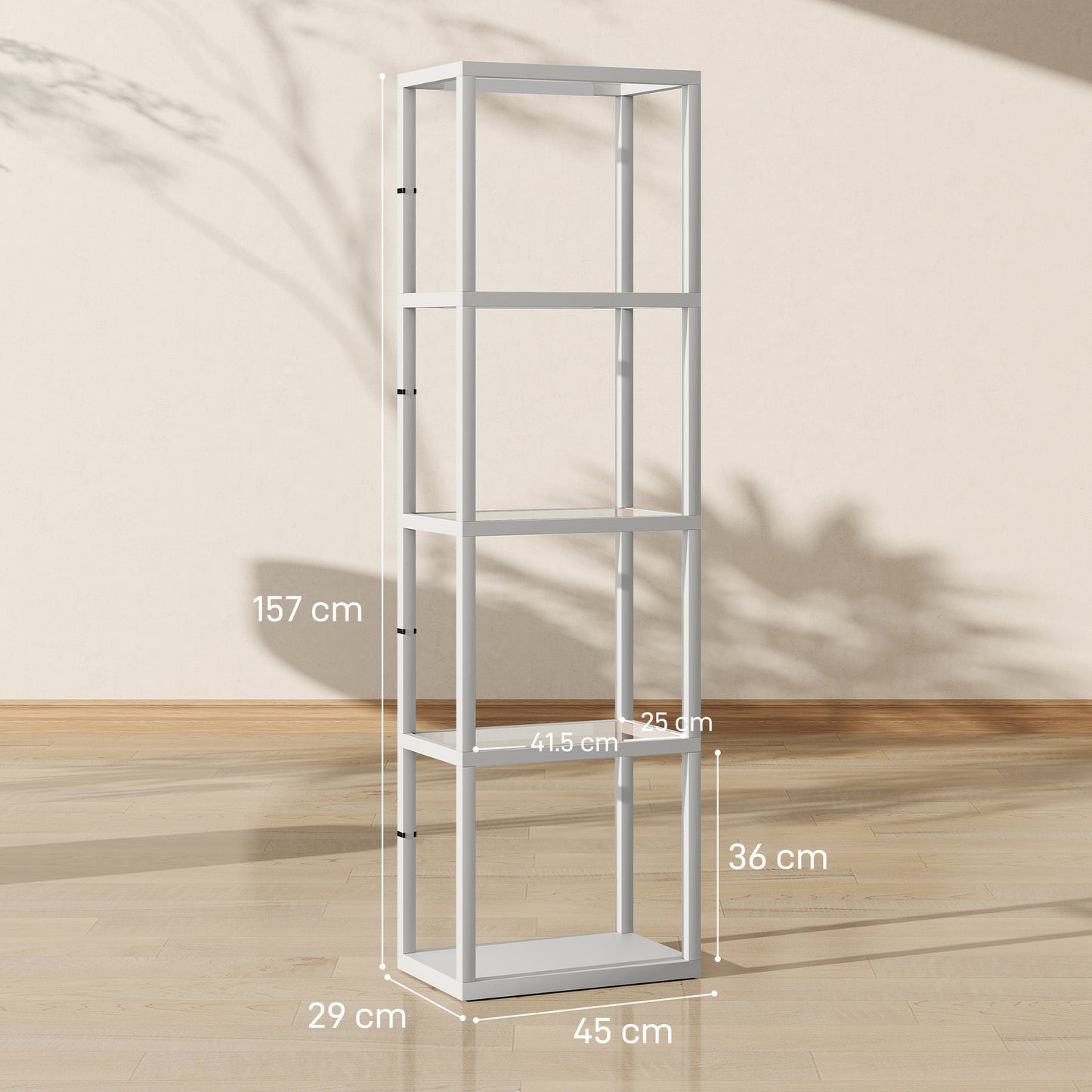 HOMCOM Four Shelf Floor Lamp With Tempered Glass Shelves Warm White LEDs Three Brightness Levels Grey