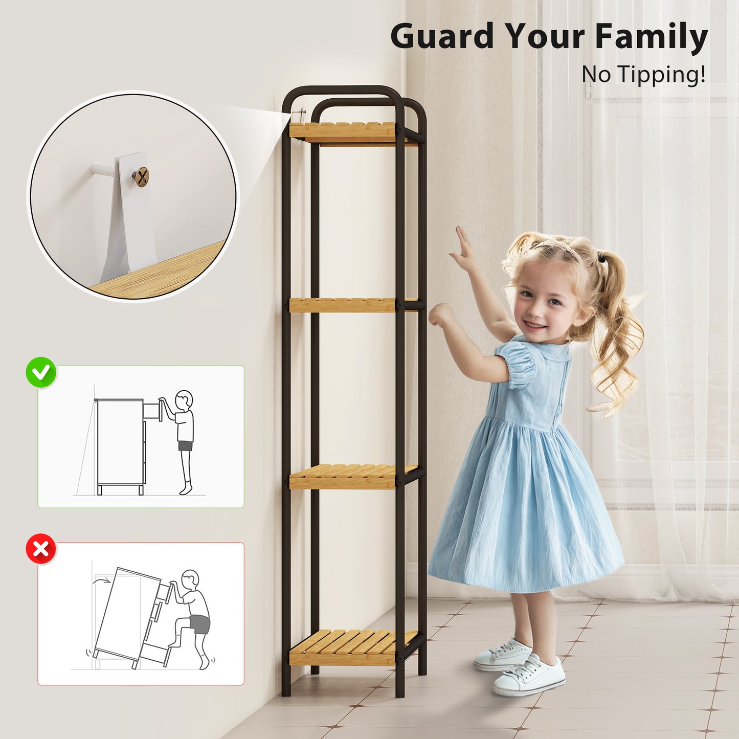 HOMCOM 4 Tier Bamboo Bathroom Storage Shelf Freestanding Narrow Shelving Unit With Slatted Shelves For Kitchen