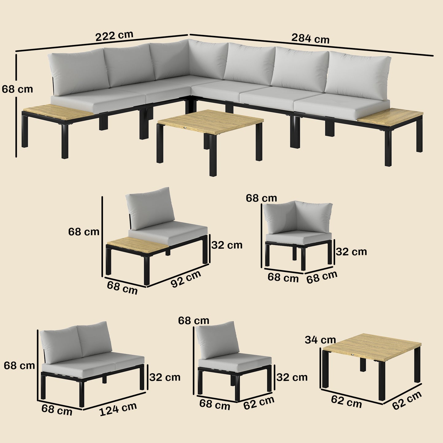 Outsunny 6 Piece Garden Corner Sofa Set With Loveseat Integrated Side Table And Coffee Table Modular Outdoor Furniture