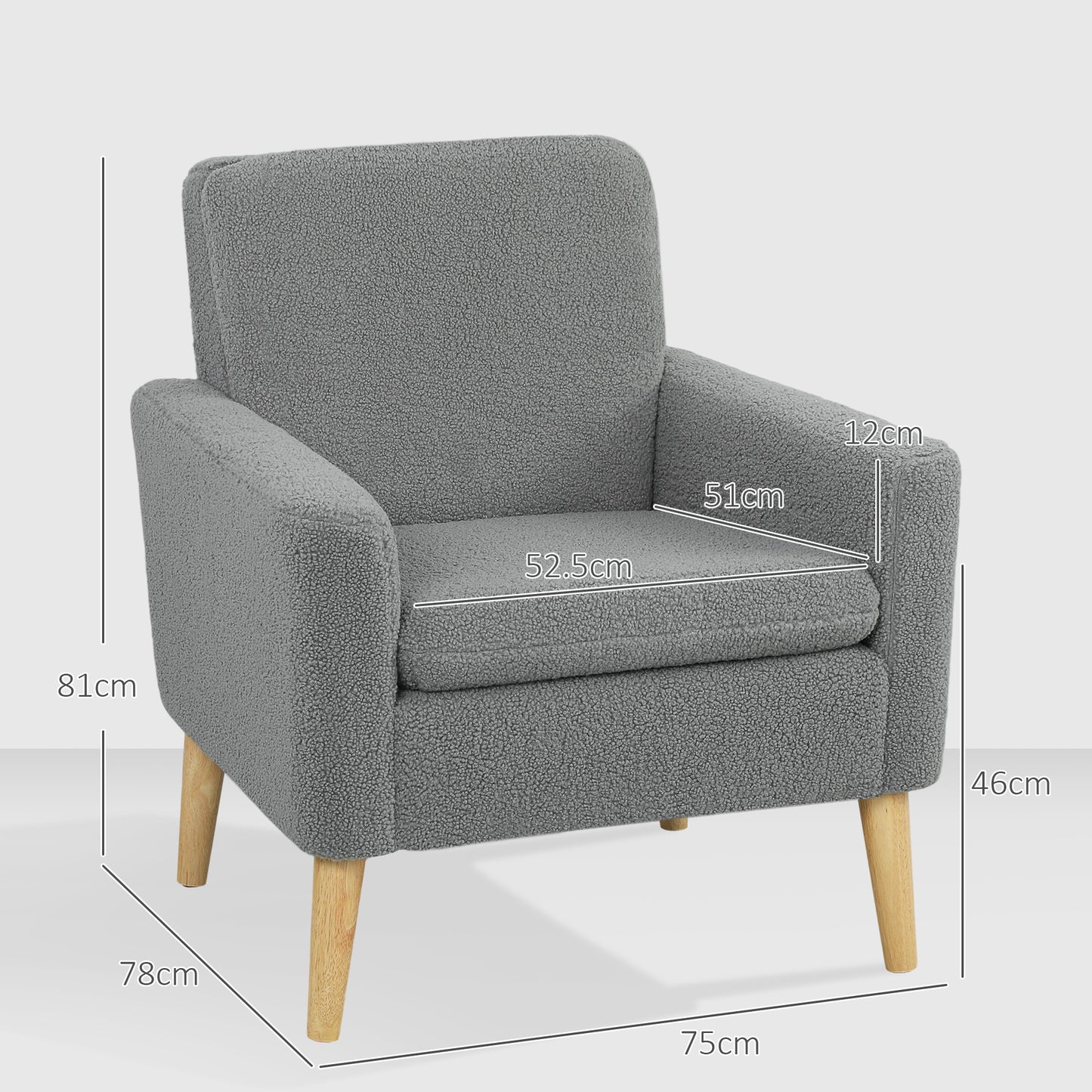 HOMCOM Teddy Fabric Armchair With Wood Legs Wide Padded Seat Upholstered Accent Chair In Grey