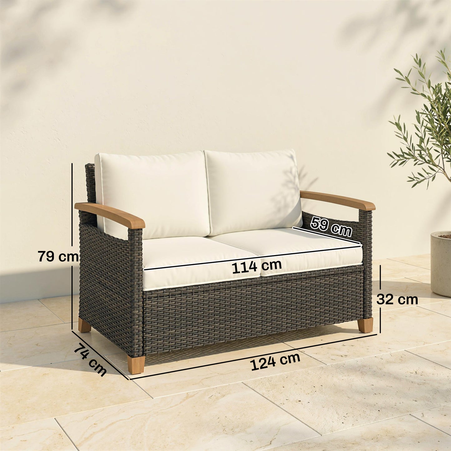 Outsunny 2 Seater Rattan Garden Sofa With Thick Cushions And Acacia Wood Armrests Brown