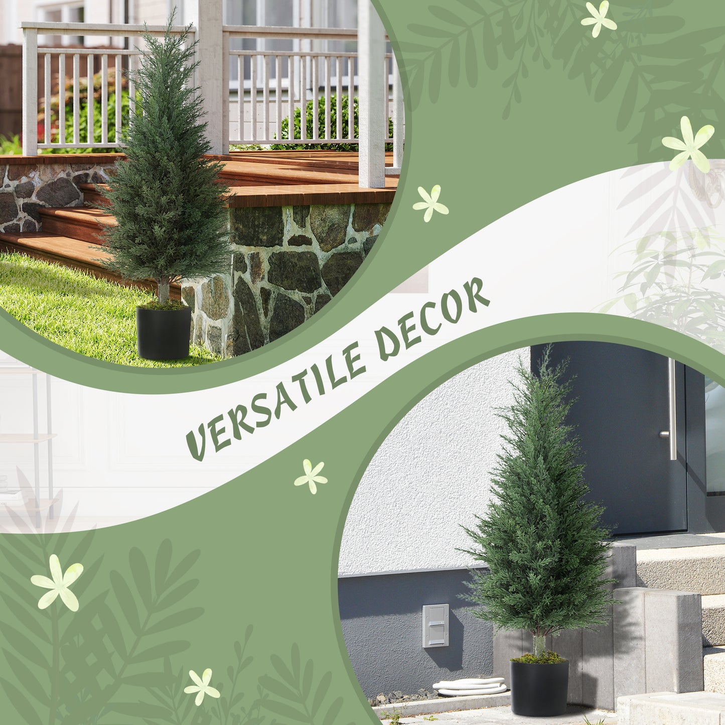 HOMCOM 90 CM Artificial Cypress Trees 2 Pack In Cement Pots UV Resistant Faux Plants For Garden Front Porch Decor