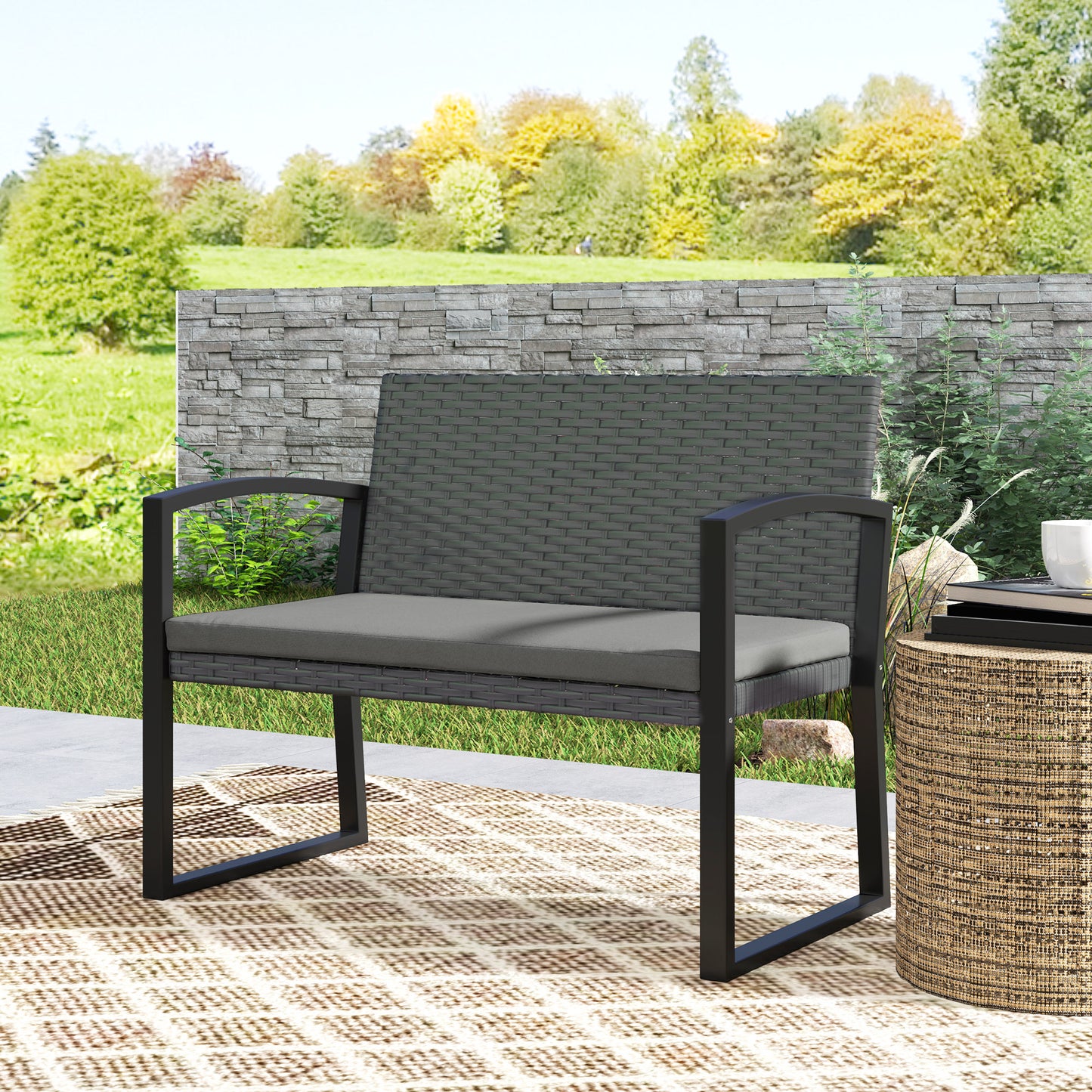 Outsunny Two Seater Rattan Garden Bench with Cushioned Seat and Light Grey Finish