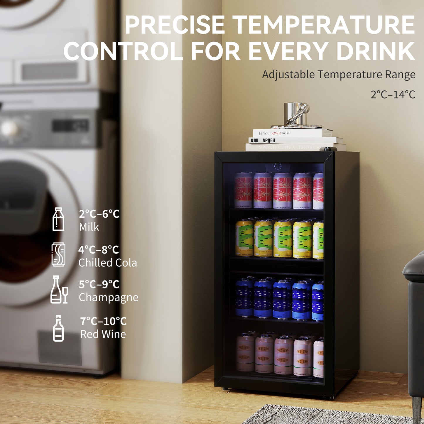 HOMCOM 93L Drinks Fridge 115 Can Capacity Freestanding Beer Fridge With Glass Door LED Light Black