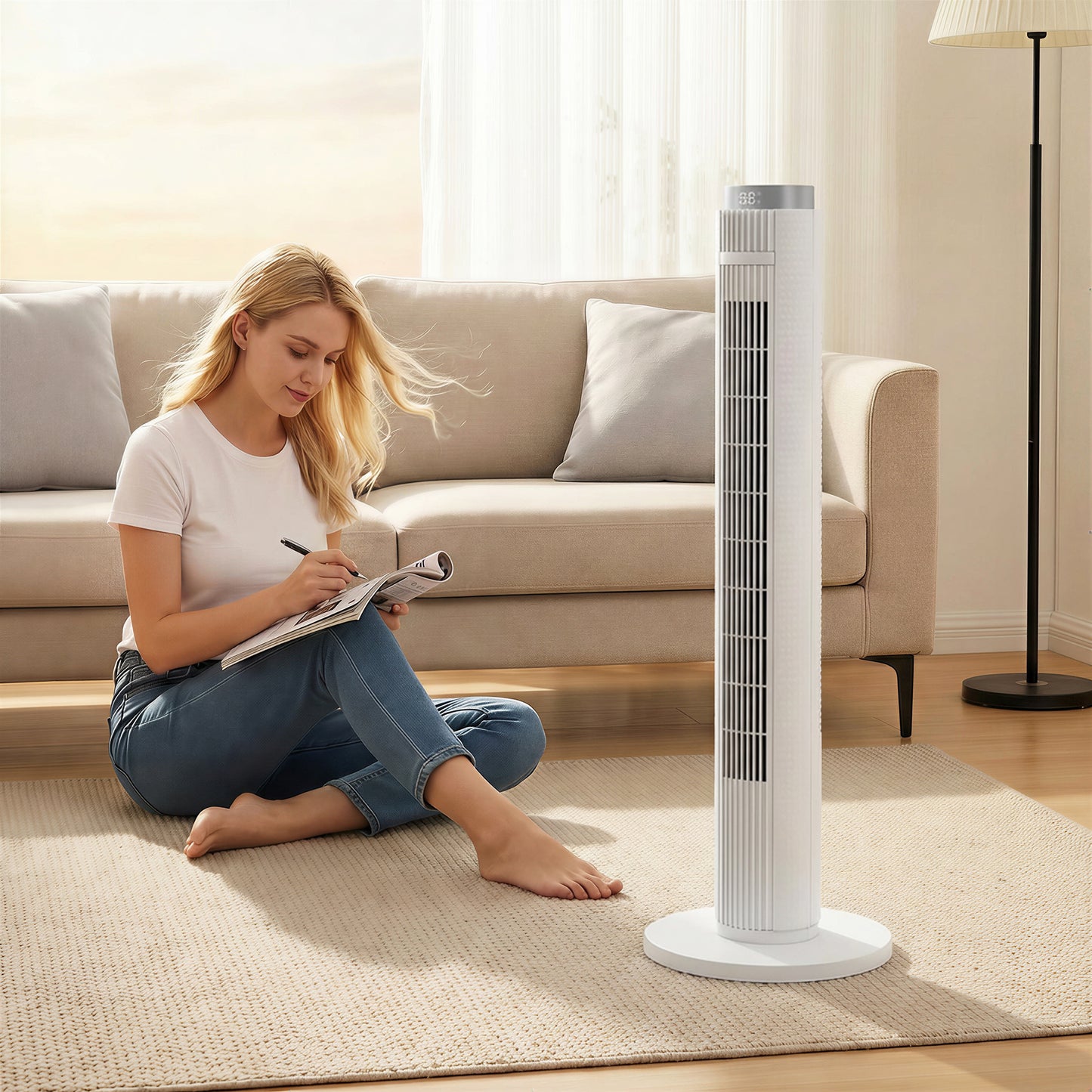 Homcom 96 Cm Tower Fan With Wifi App Control Quiet Standing Floor Fan 3 Speeds 4 Modes 12 Hour Timer Night Light White