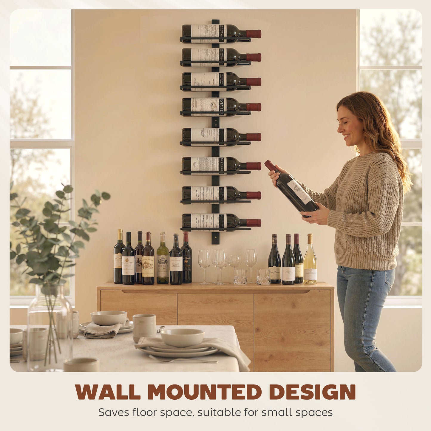 HOMCOM Wall Mounted 8 Tier Metal Wine Rack Display Holder For Kitchen Black Space Saver