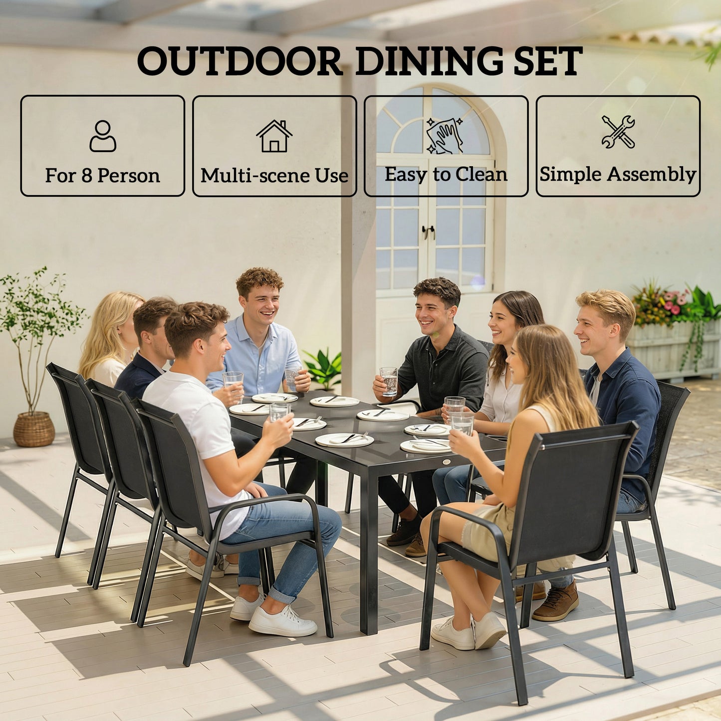 Outsunny 9 Piece Garden Dining Set For 8 With Tempered Glass Top And Outdoor Table And Chairs Black