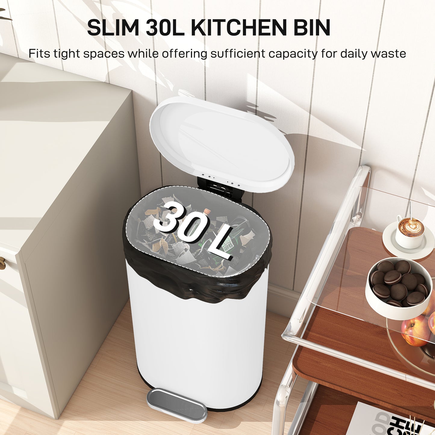HOMCOM 30 L Pedal Kitchen Bin Modern Curved White With Soft Close Lid Fingerprint Resistant Metal For Quiet Operation