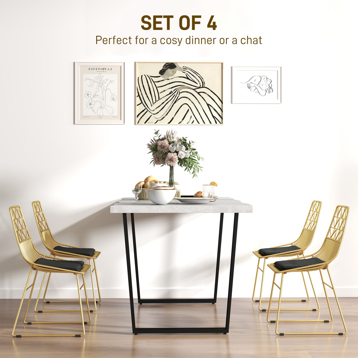 HOMCOM Luxurious Dining Chairs Set Of 4 Gold Tone Metal Wire Kitchen Chairs With Removable Velvet Cushions