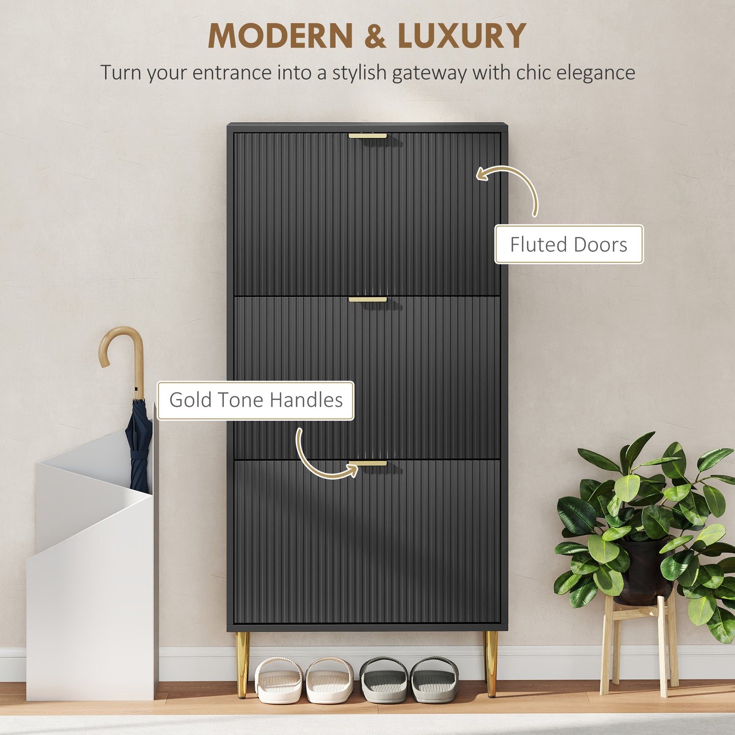 HOMCOM Elegant White Three Drawer Shoe Cabinet With Gold Accents Holds 9 To 18 Pairs And Adjustable Shelves
