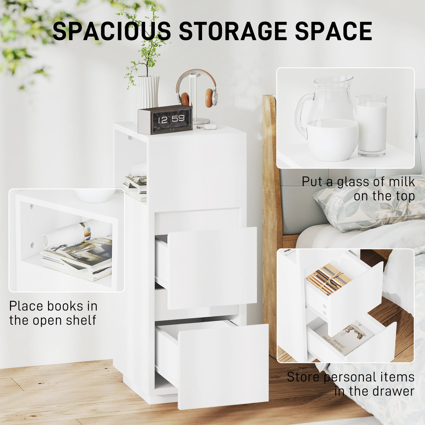 HOMCOM Slim Bedside Table With Open Shelf And Two Drawers For Bedroom And Living Room White