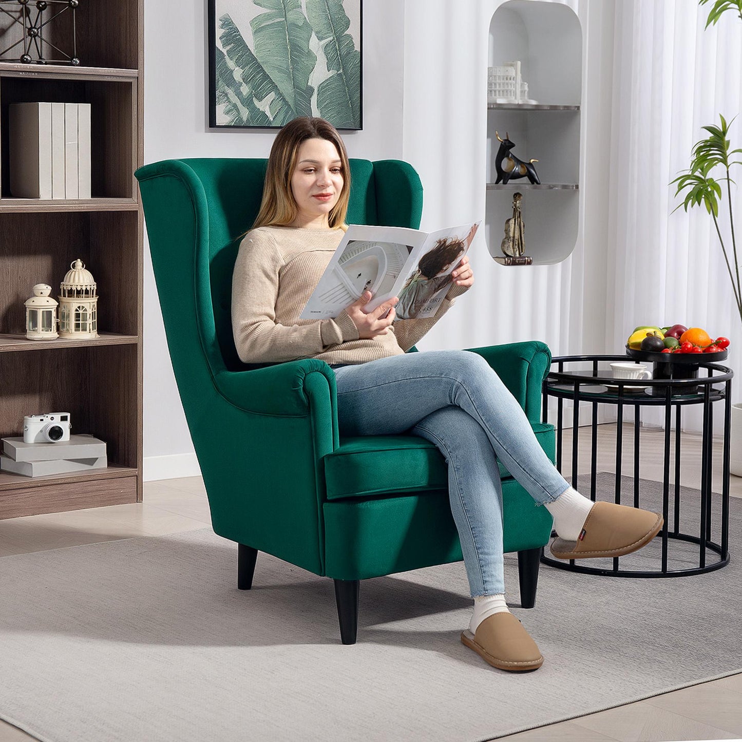 HOMCOM Modern Accent Chair With High Back Wingback Design Velvet Feel Upholstery Green Solid Wood Legs