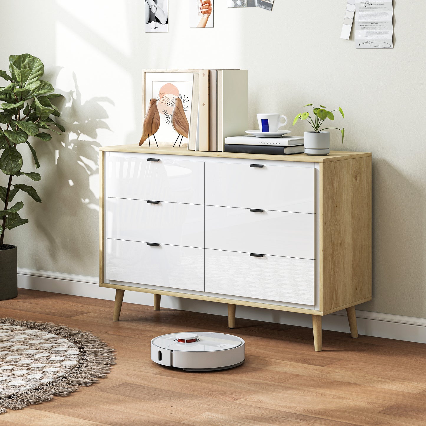 HOMCOM White High Gloss Chest of Drawers with Six Drawers and Five Legs for Bedroom