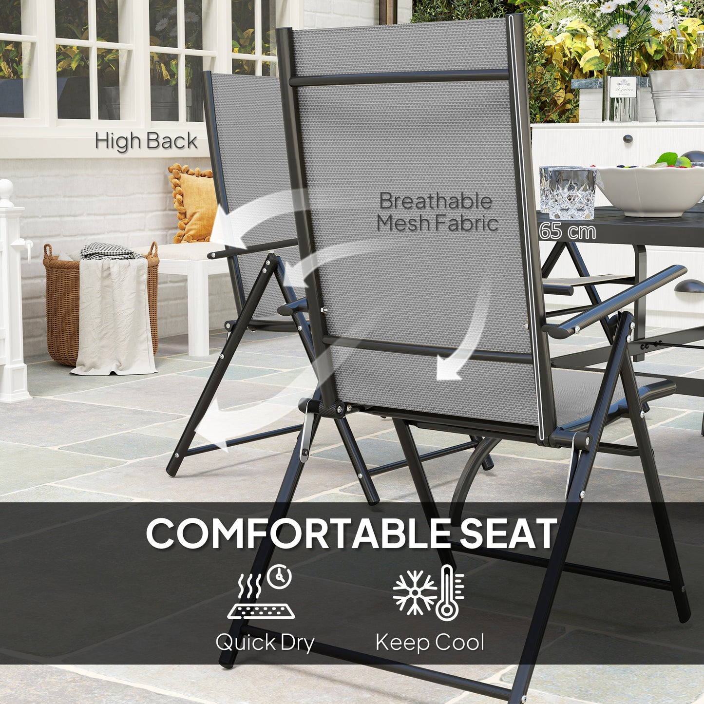 Outsunny Seven Piece Steel Outdoor Dining Set With Parasol Hole Grey Table And Six Folding Chairs