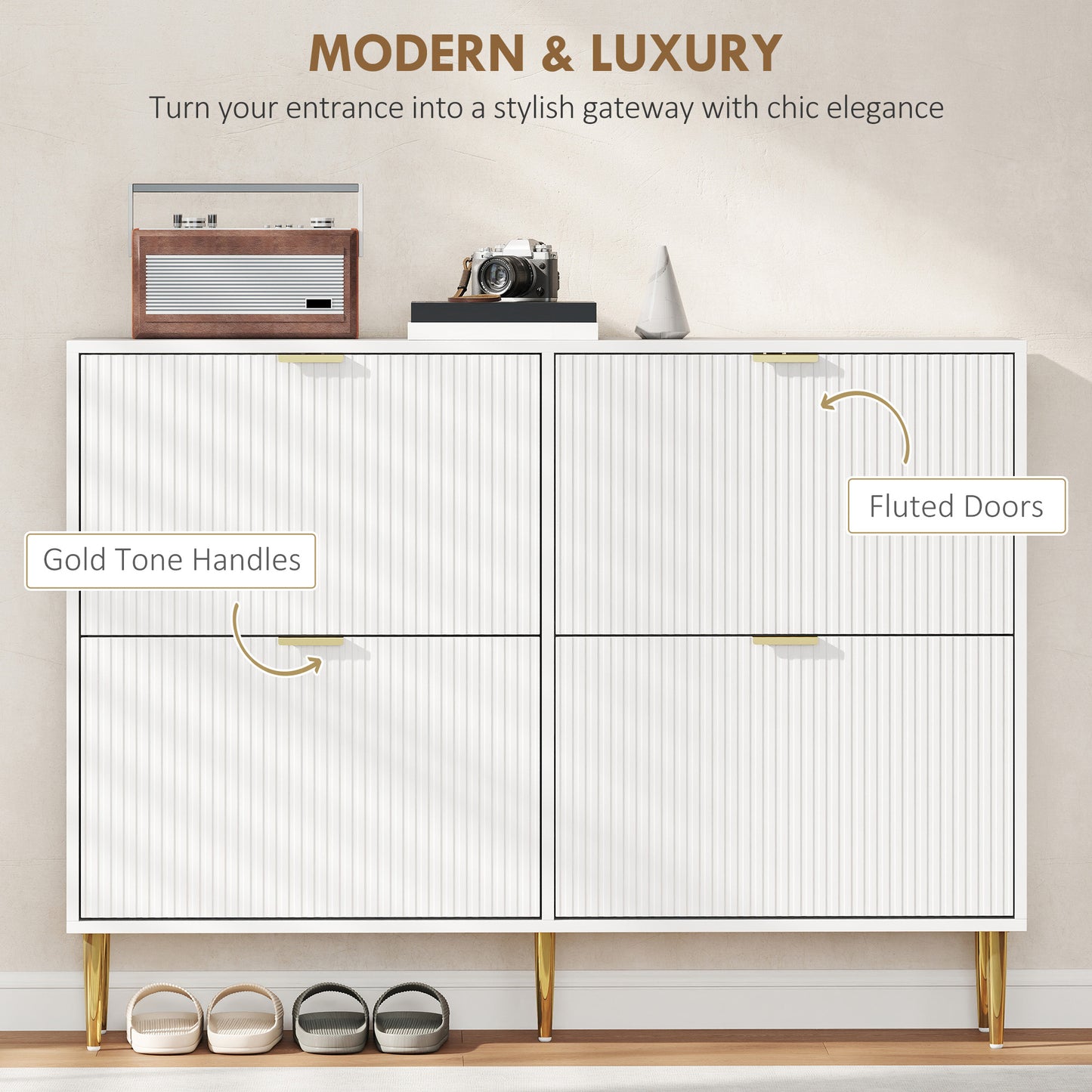 HOMCOM Elegant Four Drawer Shoe Cabinet In White With Ridged Front Doors Gold Accents And Adjustable Shelves