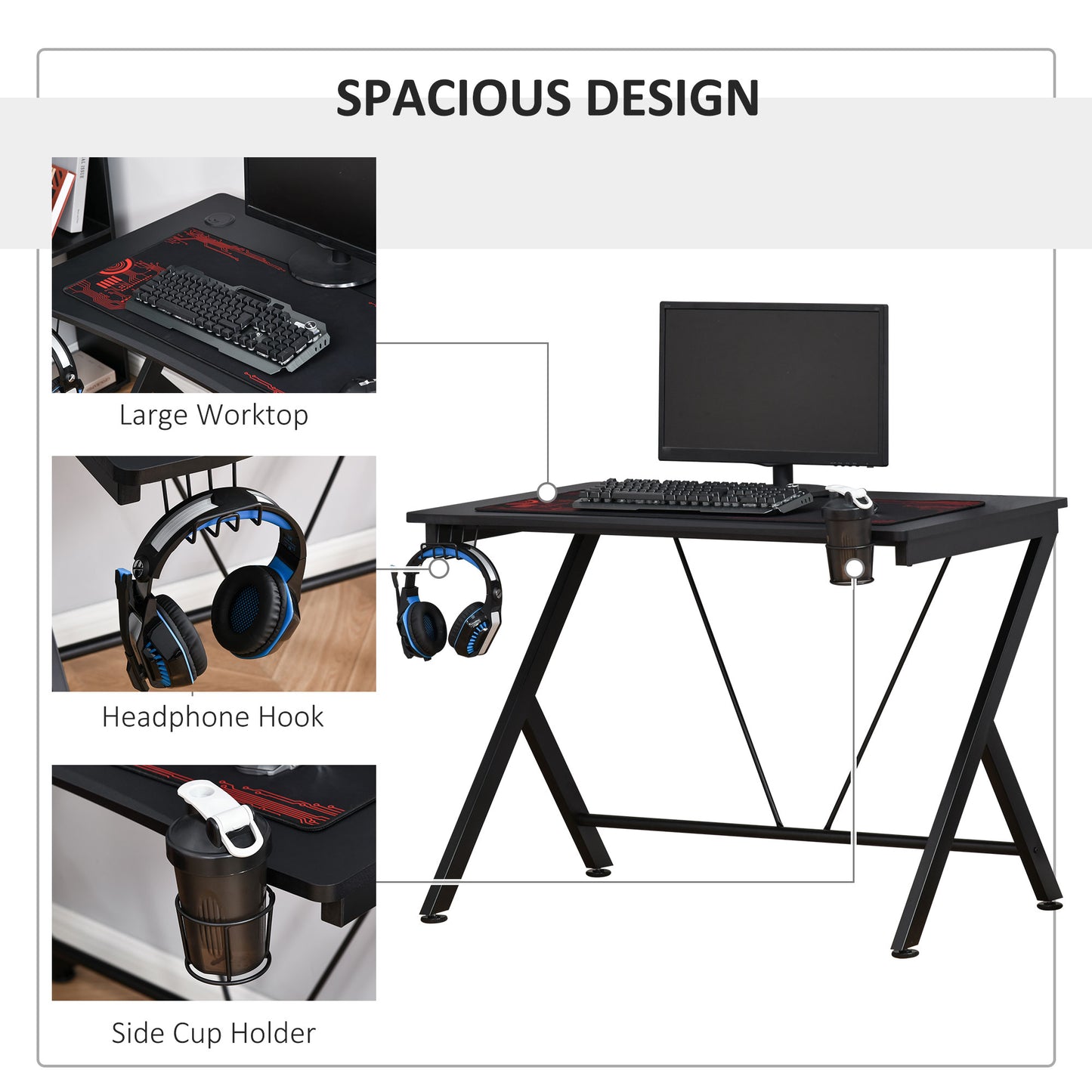 HOMCOM Black Gaming Desk with Metal Frame, Cup Holder, Headphone Hook, and Cable Management - ALL4U RETAILER LTD