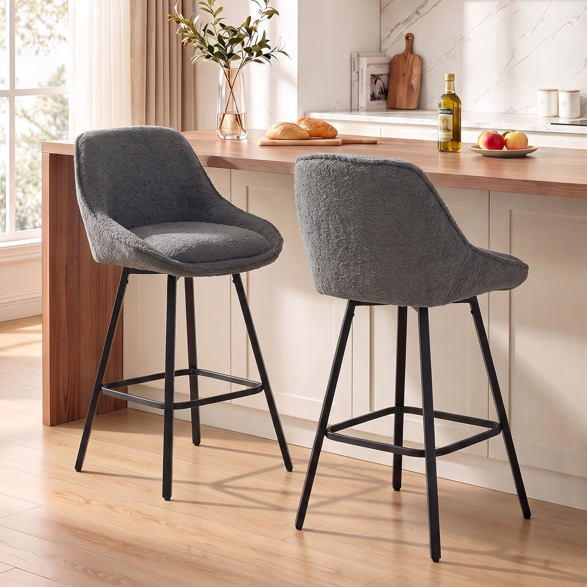 Dark grey counter-height swivel bar stool pair, thick padded seat and curved backrest