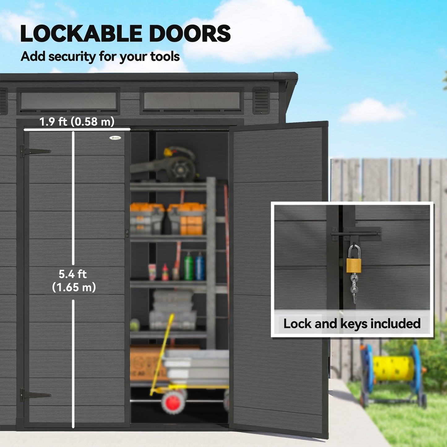 Outsunny 6x6 ft Plastic Garden Shed Wood Effect Outdoor Storage With Floor Windows Ventilation Lockable Doors Dark Grey