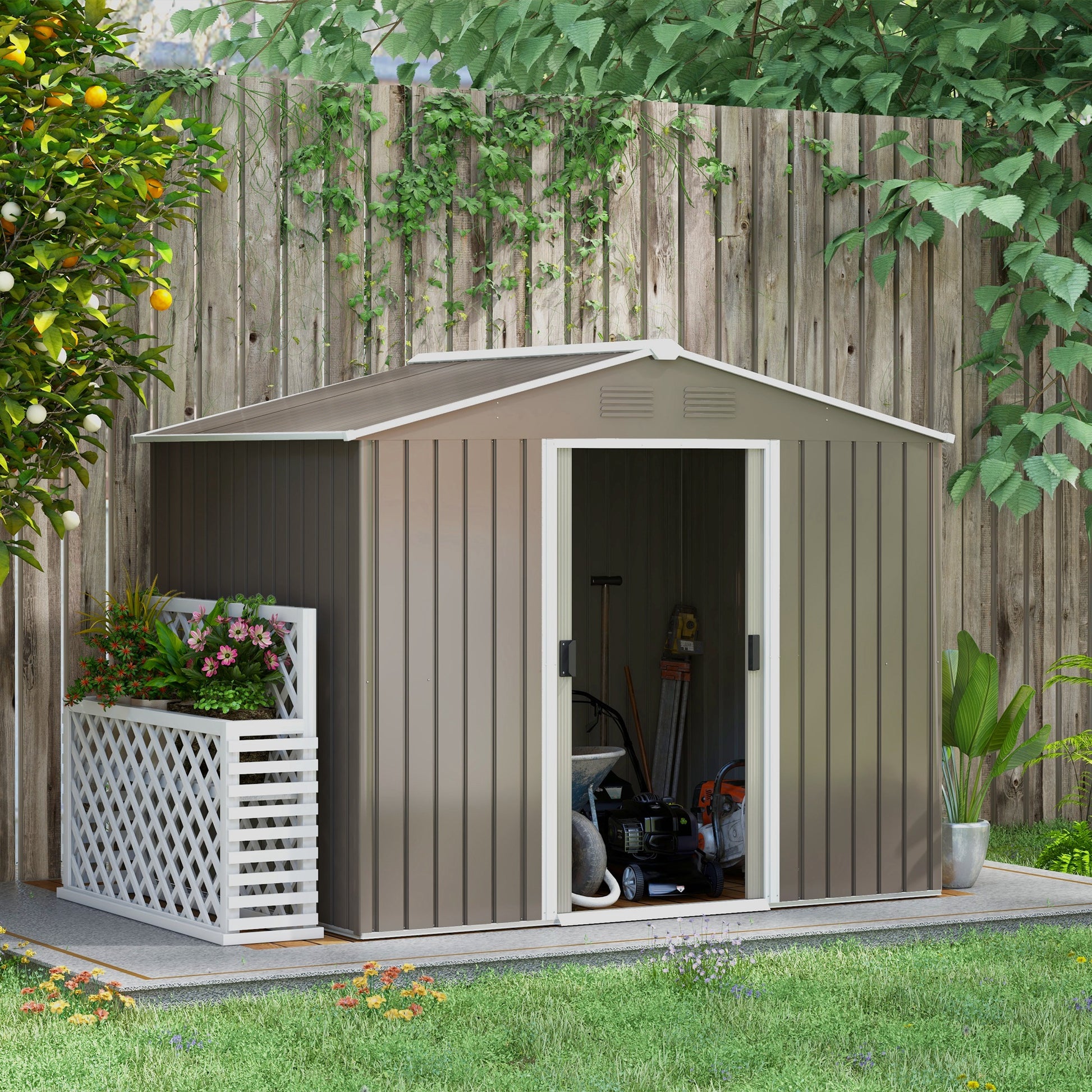 Outsunny Outdoor Metal Garden Storage Shed with Double Sliding Doors and Ventilation - Light Grey, 8x6ft - ALL4U RETAILER LTD