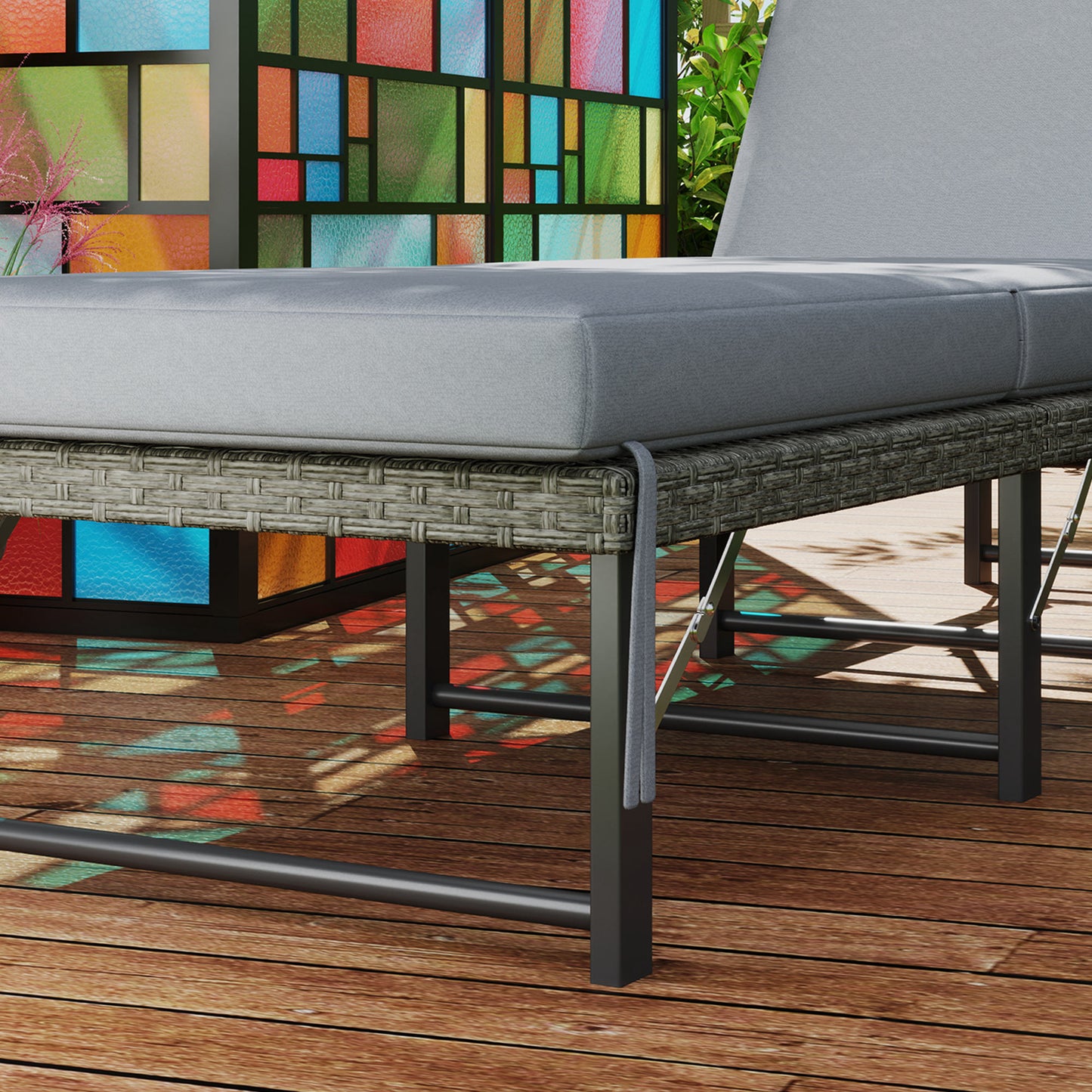 Outsunny Single Folding Rattan Sun Lounger With Cushion Grey Adjustable Back Six Position