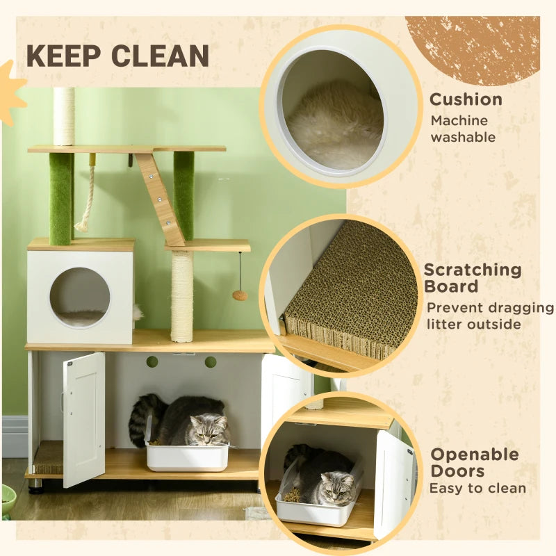 PawHut 2-in-1 Cat Tree Tower with Hidden Litter Box, Green Leaf Design, Oak - House, Ladder, Scratching Posts, Platforms for Indoor Cats - ALL4U RETAILER LTD