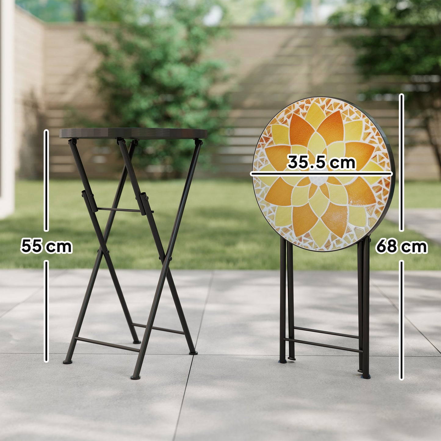 Outsunny Mosaic Round Folding Outdoor Garden Table With Metal Frame 35.5cm Yellow Balcony Terrace Coffee Table