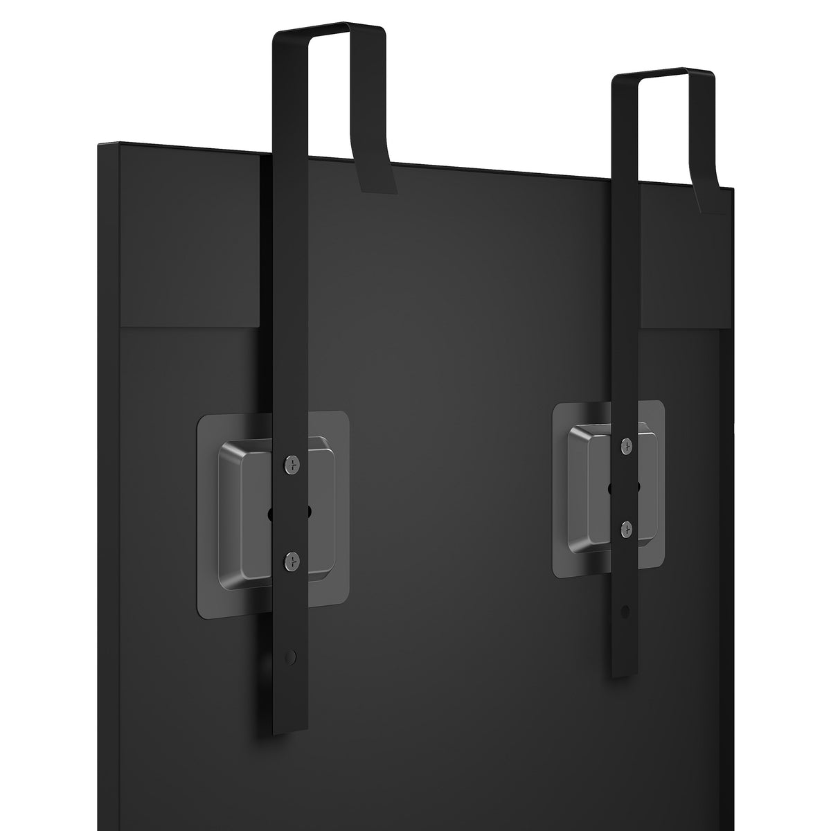 Close-up of black adjustable mounting hooks on framed mirror back