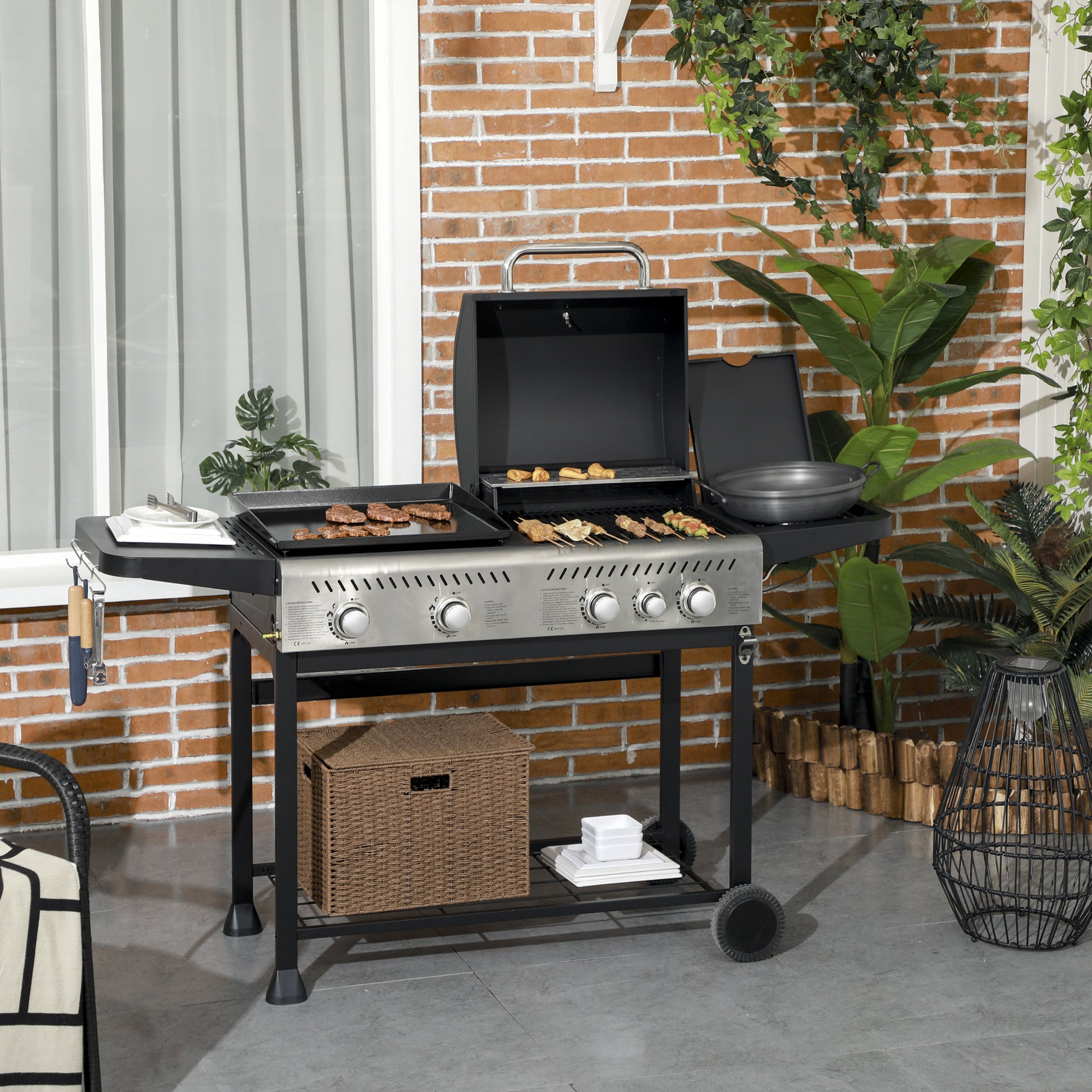 Outsunny 15kW Dual-Function Gas BBQ Grill and Plancha with Side Burner - Black - ALL4U RETAILER LTD