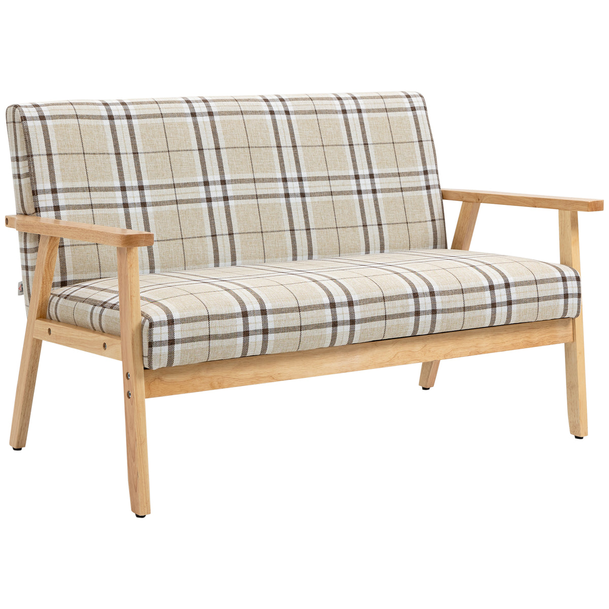 Plaid cushioned loveseat sofa with straight armrests and solid light wood frame