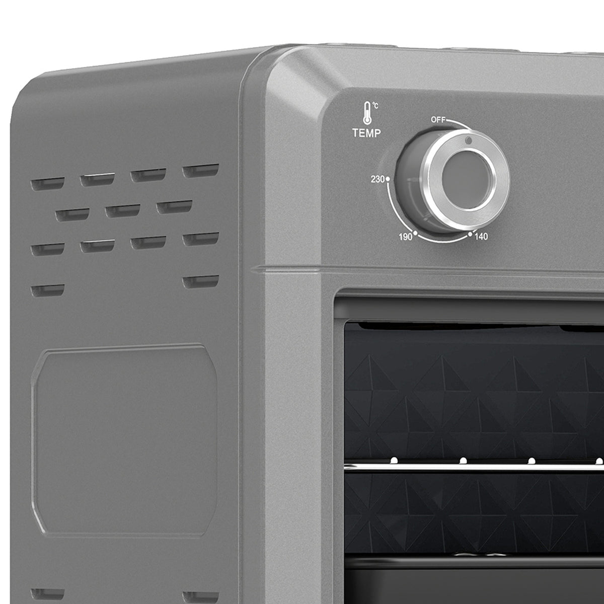 Grey air fryer oven close-up of temperature dial and control panel
