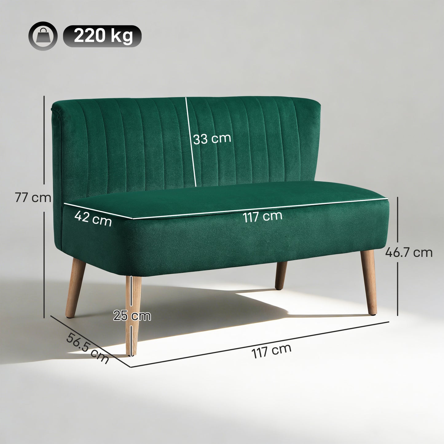 HOMCOM 46 Inch Upholstered Loveseat Sofa 2 Seat With Thick Padded Cushions And Rubber Wood Legs Dark Green