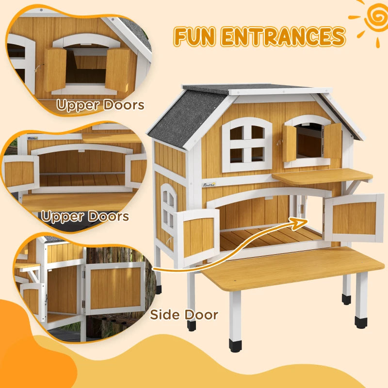 PawHut 2-Tier Outdoor Wooden Cat Shelter, Feral Cat House with Openable Asphalt Roof, Escape Doors, and Terrace for 1-2 Cats - ALL4U RETAILER LTD