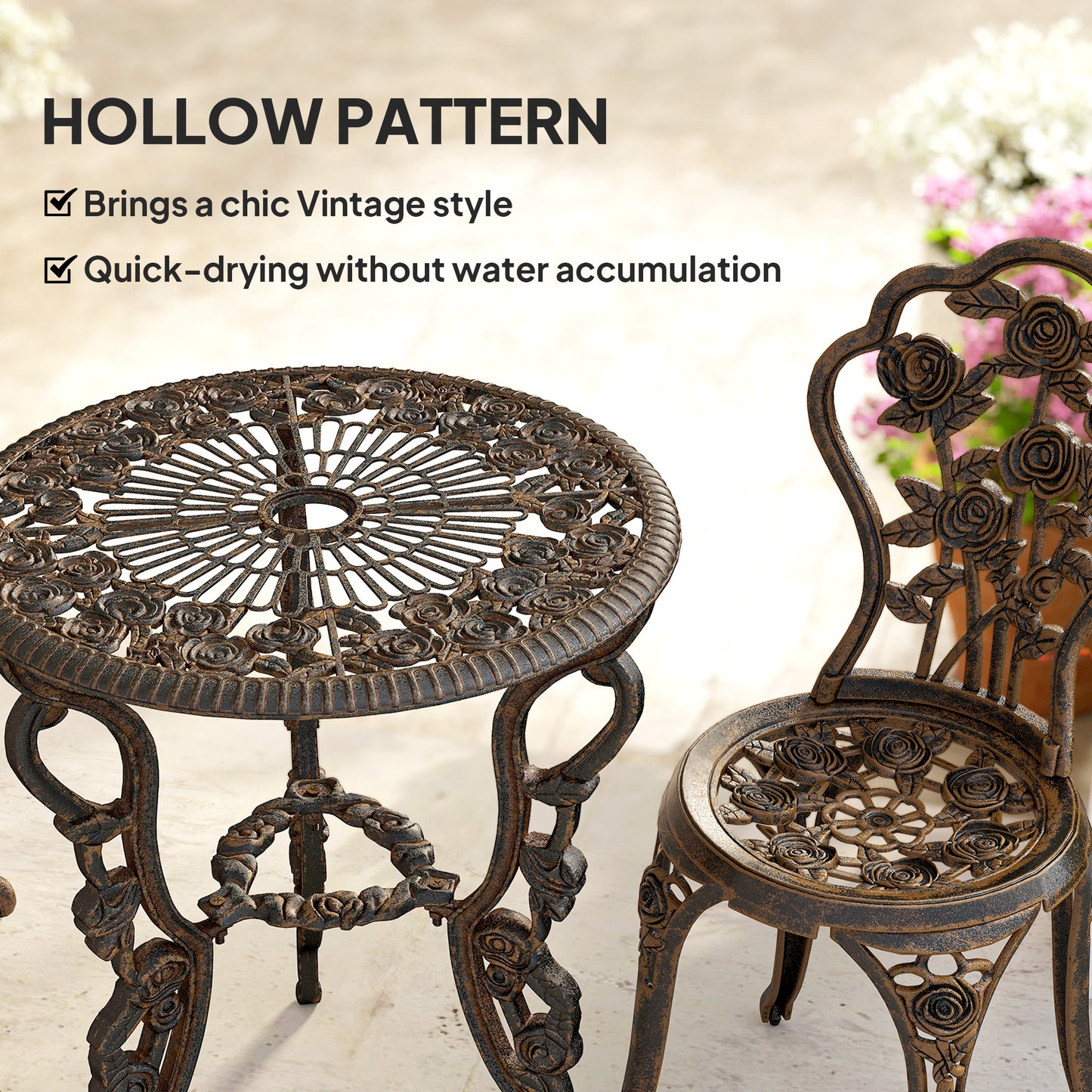 Outsunny Outdoor Patio Bistro Set Vintage Rose Design Round Table With 2 Chairs Umbrella Hole Metallic Finish