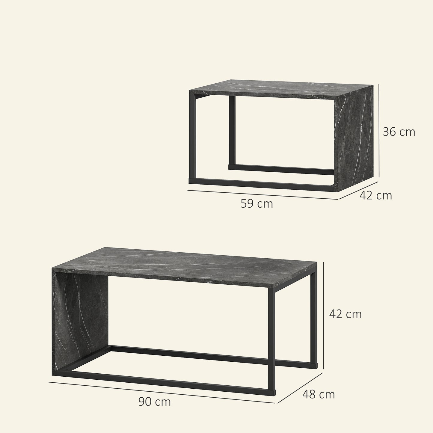 HOMCOM Nesting Coffee Tables Set of 2 Industrial Stacking Side Tables with Metal Frame Dark Grey Marble Effect