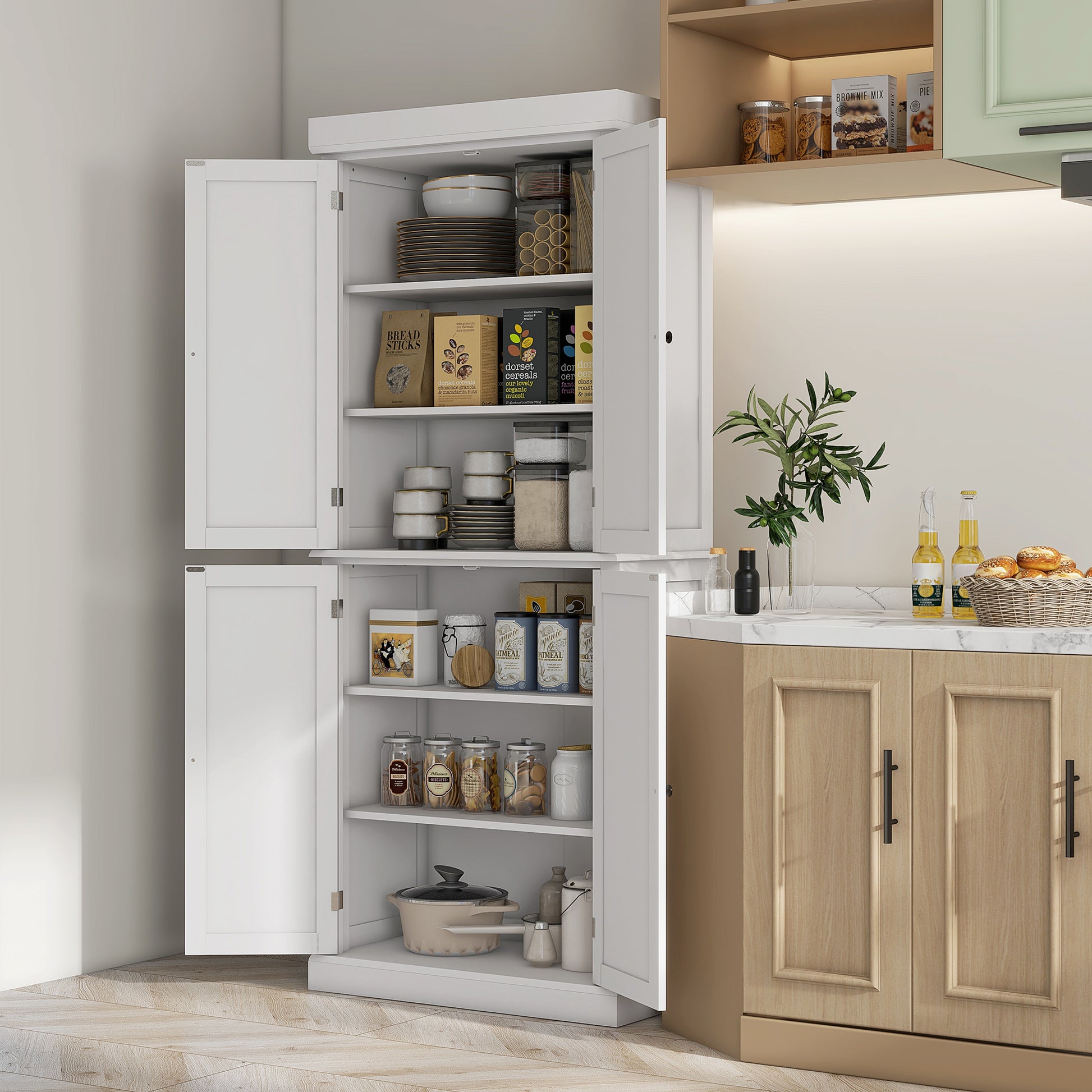 HOMCOM Slimline White Kitchen Storage Cabinet with Adjustable Shelves and 4 Doors - ALL4U RETAILER LTD