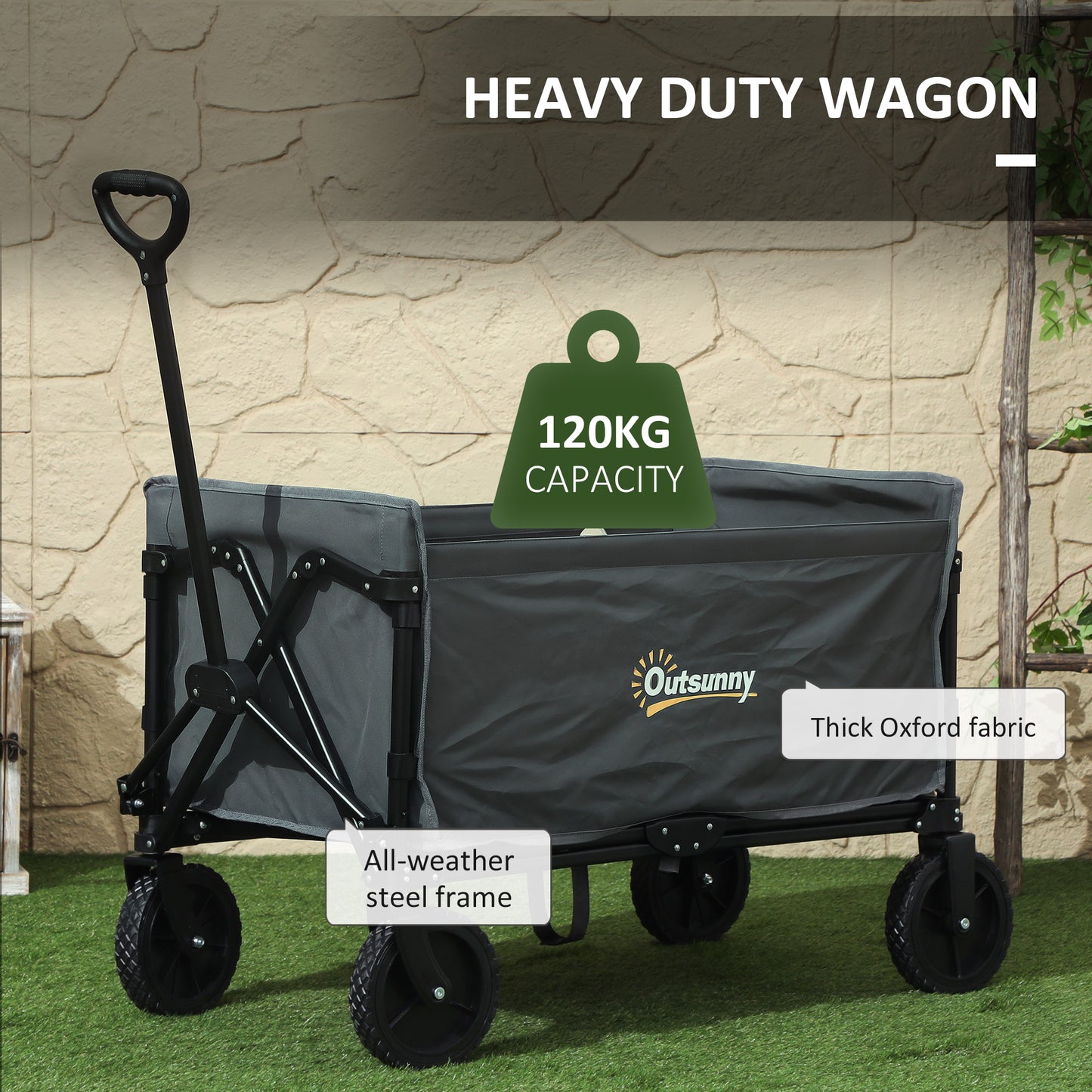 Outsunny 120L Trolley On Wheels Folding Camping Trolley Cart With Adjustable Handle For Garden Beach Fishing Grey
