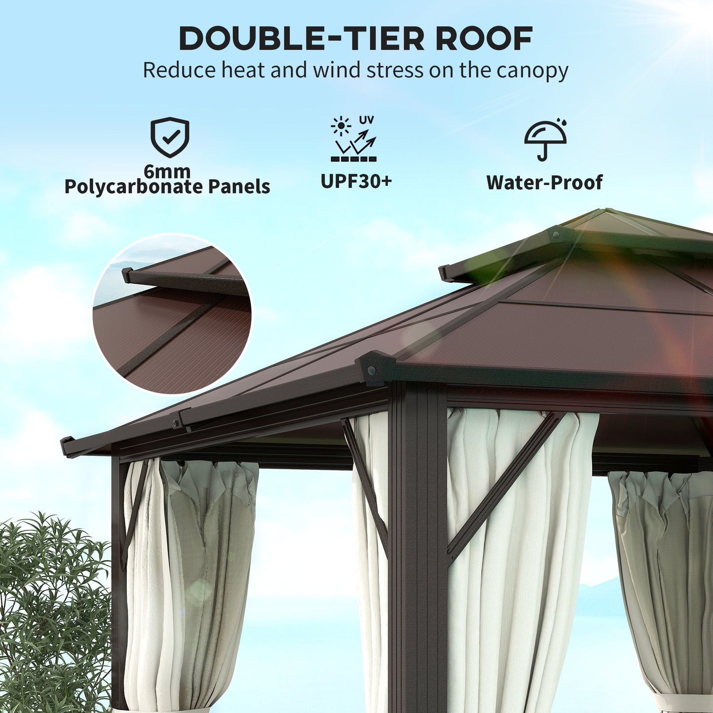 Outsunny 3x3m Hardtop Gazebo With UPF30 Polycarbonate Roof Aluminum Frame Pavilion Mosquito Netting Curtains Beige