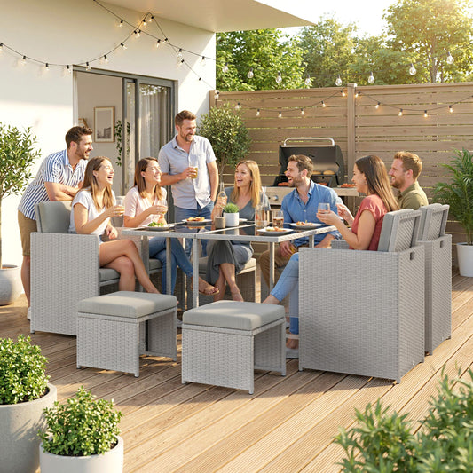 Outsunny 9 Piece Rattan Cube Garden Furniture Dining Set With Armchairs, Footstools And Glass Top Table In Light Grey