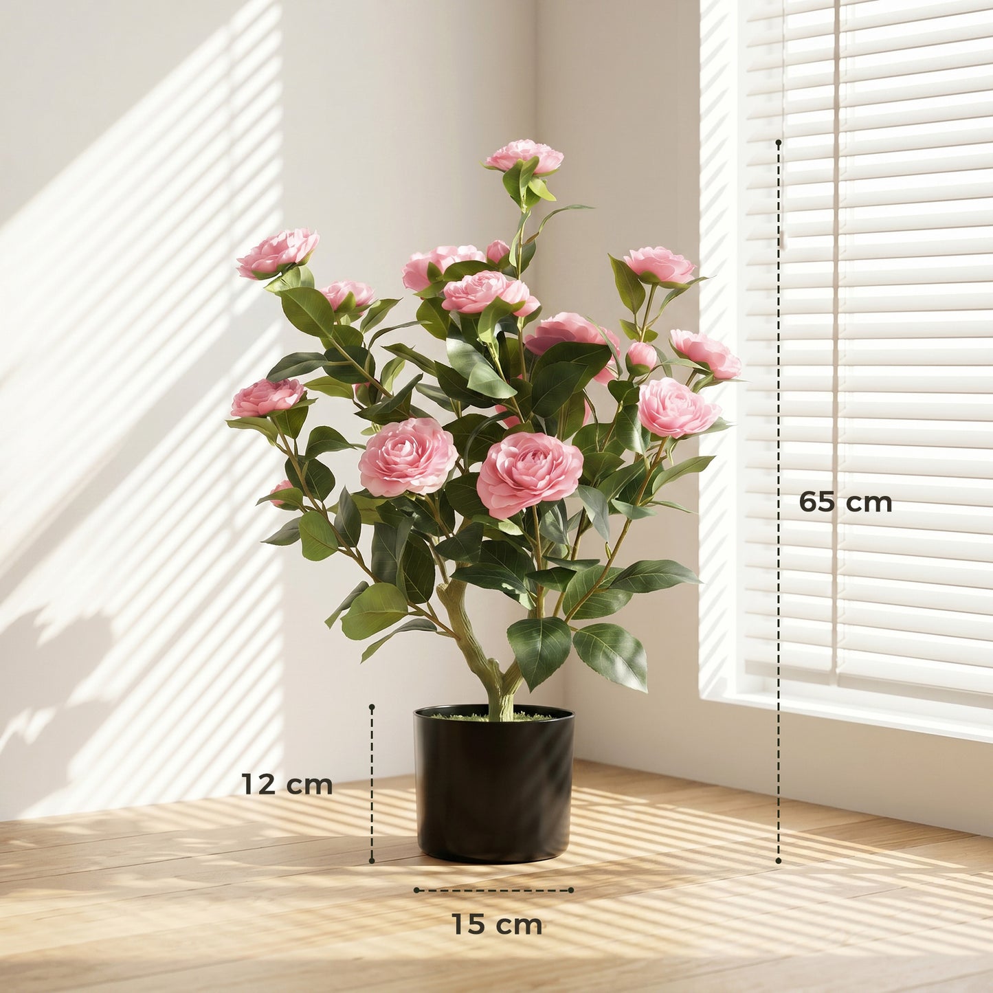HOMCOM 65cm Artificial Camellia Flower in Pot with 116 Lush Leaves and Moss Effect Weighted Base Pink