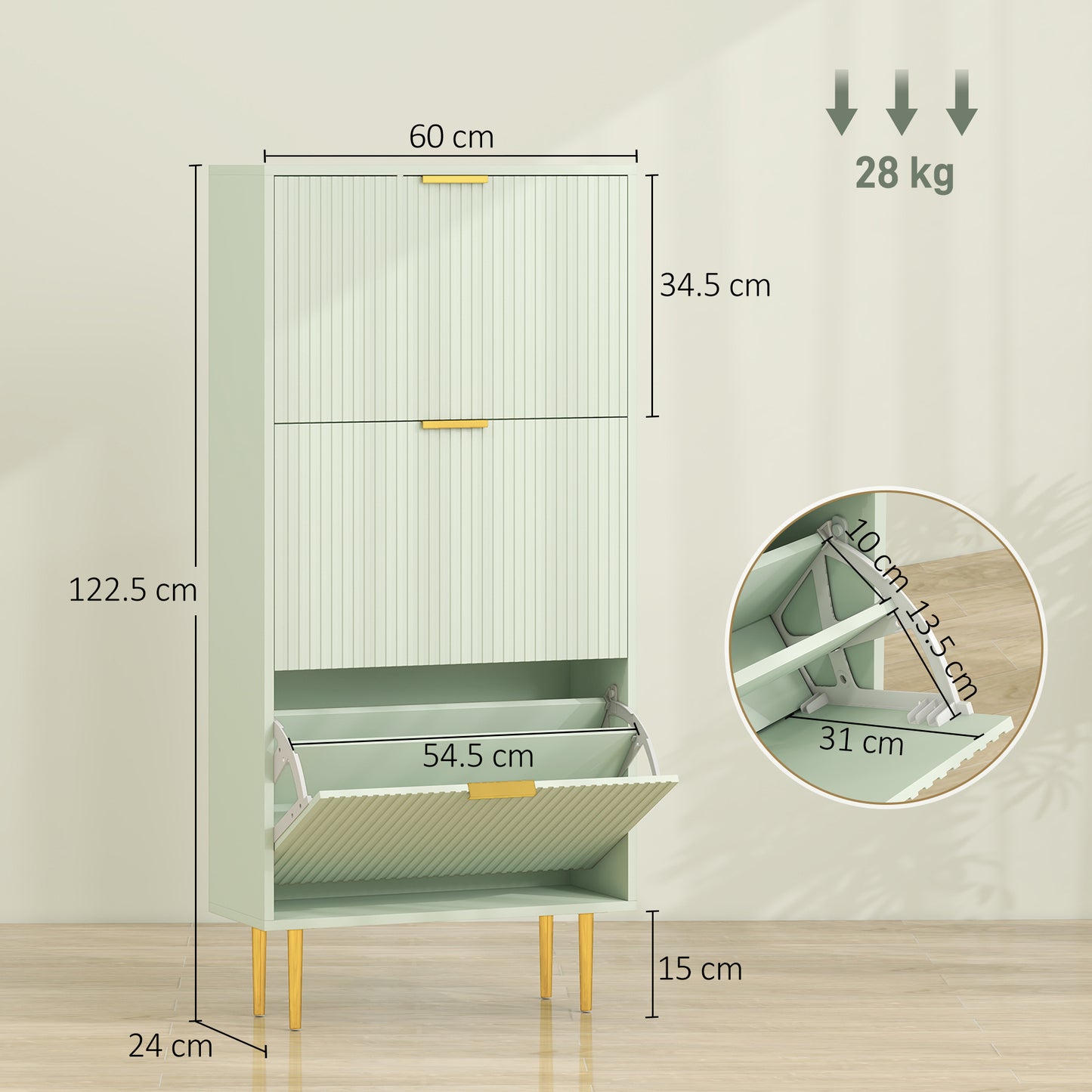 HOMCOM Elegant Three Drawer Shoe Cabinet Light Green With Ridged Front Doors And Gold Tone Details