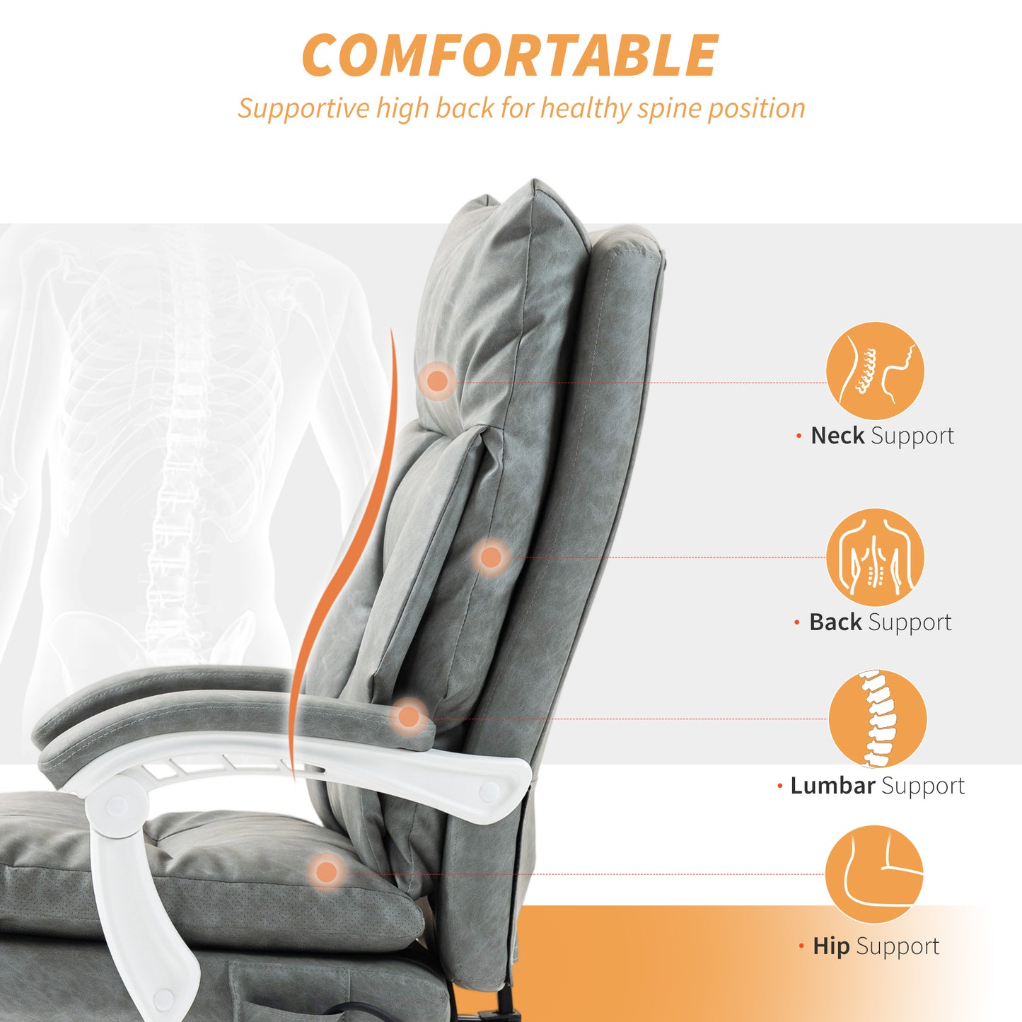 HOMCOM Faux Leather Office Chair With Inflatable Lumbar Support And 135 Degree Recline Grey