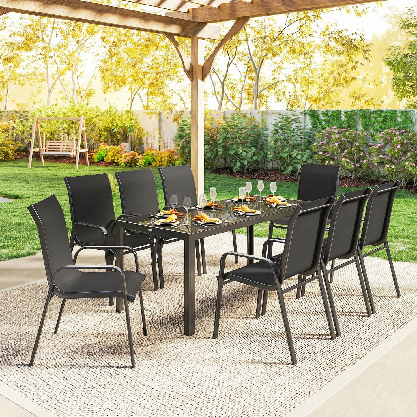 Outsunny 9 Piece Garden Dining Set For 8 With Tempered Glass Top And Outdoor Table And Chairs Black