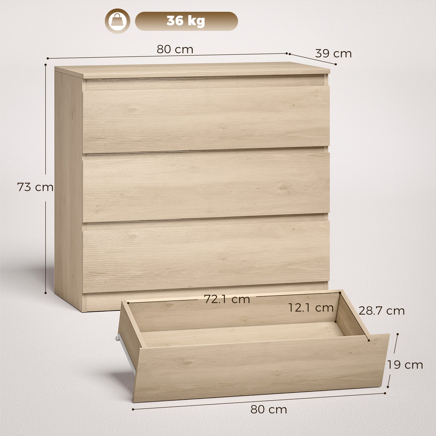 HOMCOM 3 Drawer Storage Organiser Unit Oak Chest Of Drawers For Bedroom Living Room 80x39x73 cm