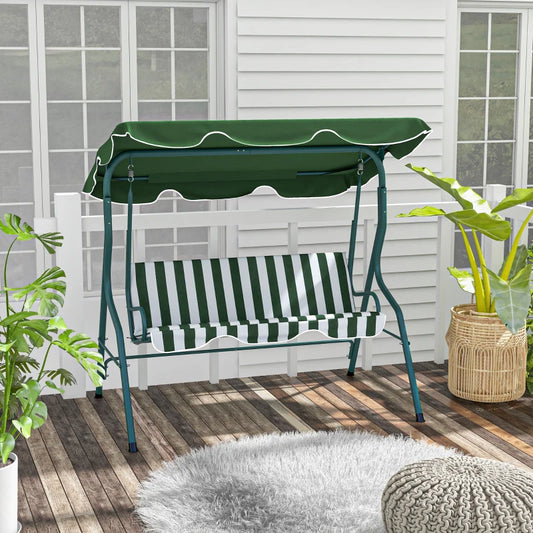 Outsunny 3 Seater Garden Swing Seat Chair Outdoor Bench with Adjustable Canopy and Metal Frame - Green Stripes | Patio Swing for Relaxation and Comfort