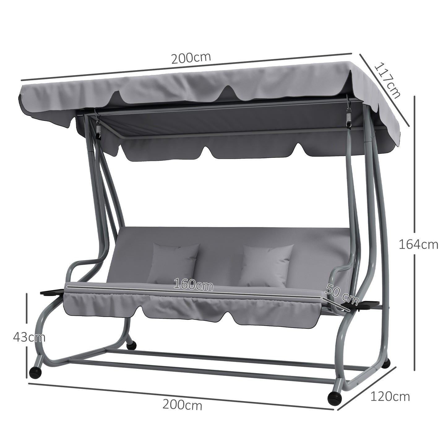 Outsunny Three Person Garden Swing Chair With Adjustable Canopy Light Grey Powder Coated Steel