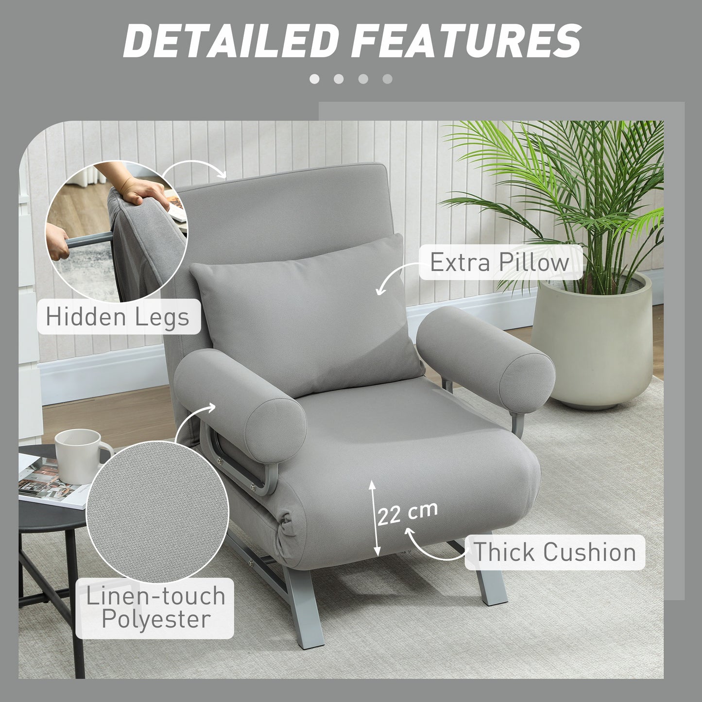 HOMCOM 3 In 1 Sofa Bed Chair With Adjustable Backrest And Removable Armrests In Light Grey