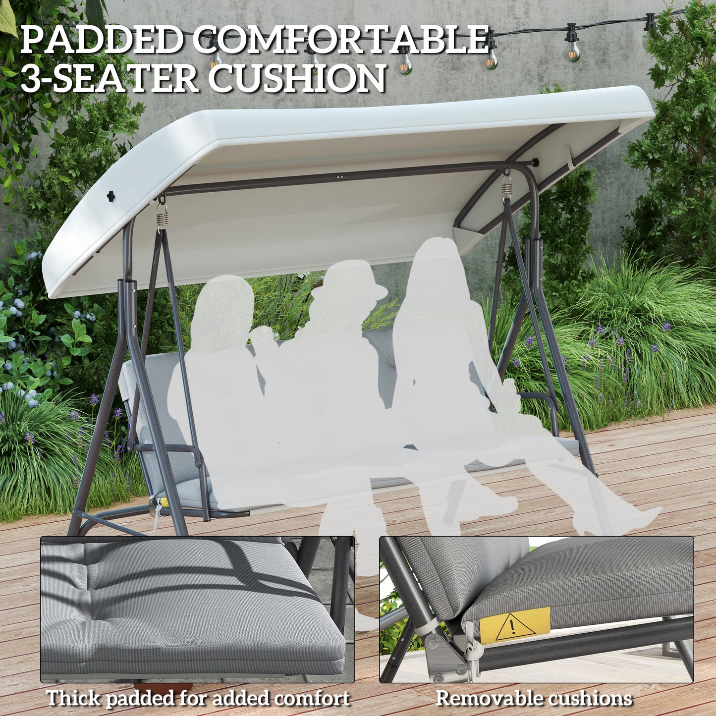 Outsunny Three Seater Garden Swing Seat With Adjustable Canopy And Removable Padded Seat And Back Cushions Light Grey