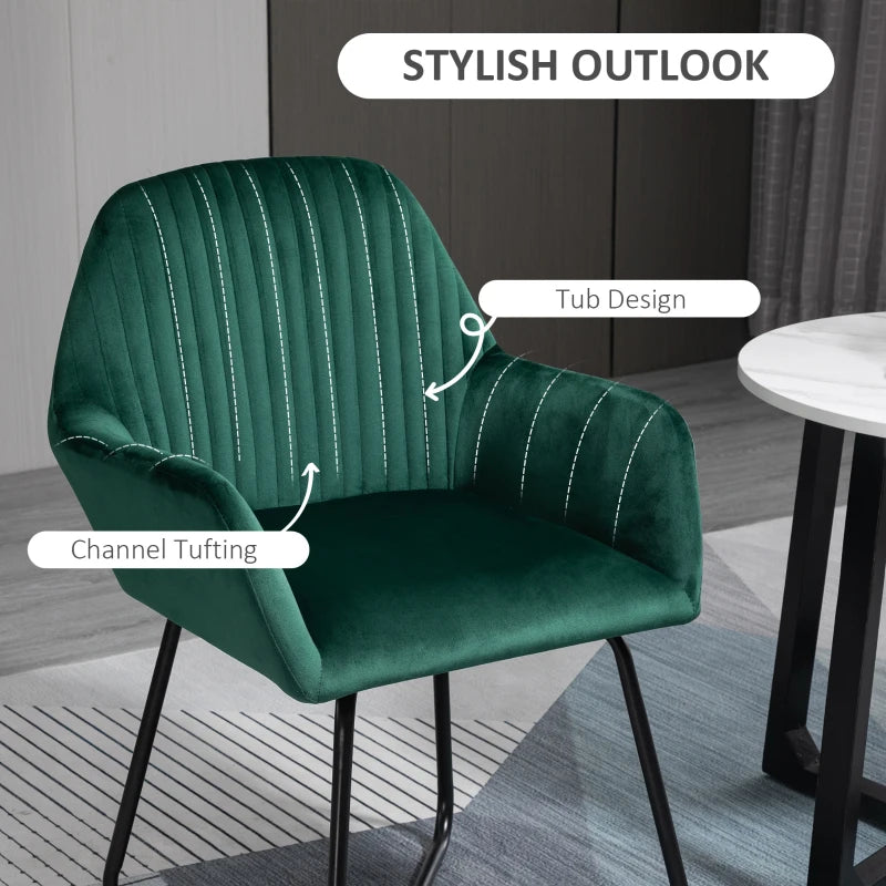 HOMCOM Set Of 2 Modern Accent Chairs in Green Velvet-Touch Fabric Upholstery, with Sleek Metal Bases for Living, Bedroom, and Dining Rooms