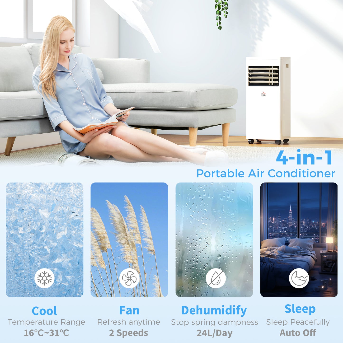 HOMCOM Portable Air Conditioner 9000 BTU With Display 4 In 1 Cooling Dehumidifying Sleep Mode Up To 28 Square Meters